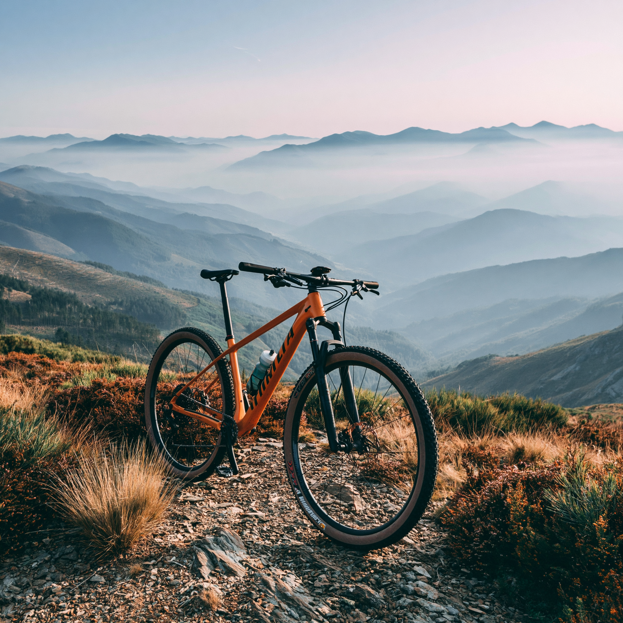 Bike laranja parada no cume, vale de montanhas cobertas de névoa ao fundo — o amanhecer completo