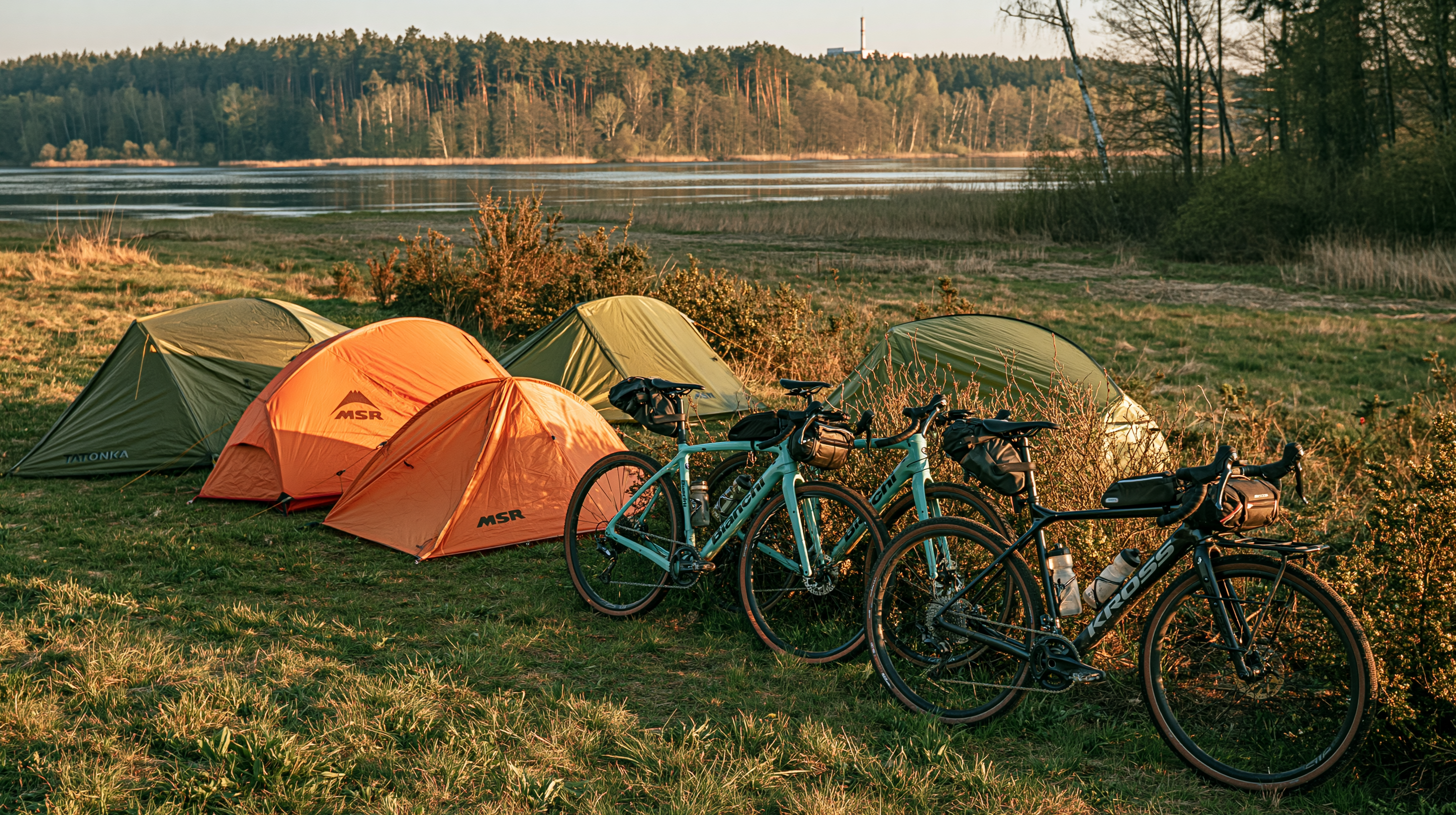 Bikes carregadas e barracas ao amanhecer, à beira de um lago — parada de reabastecimento na trilha